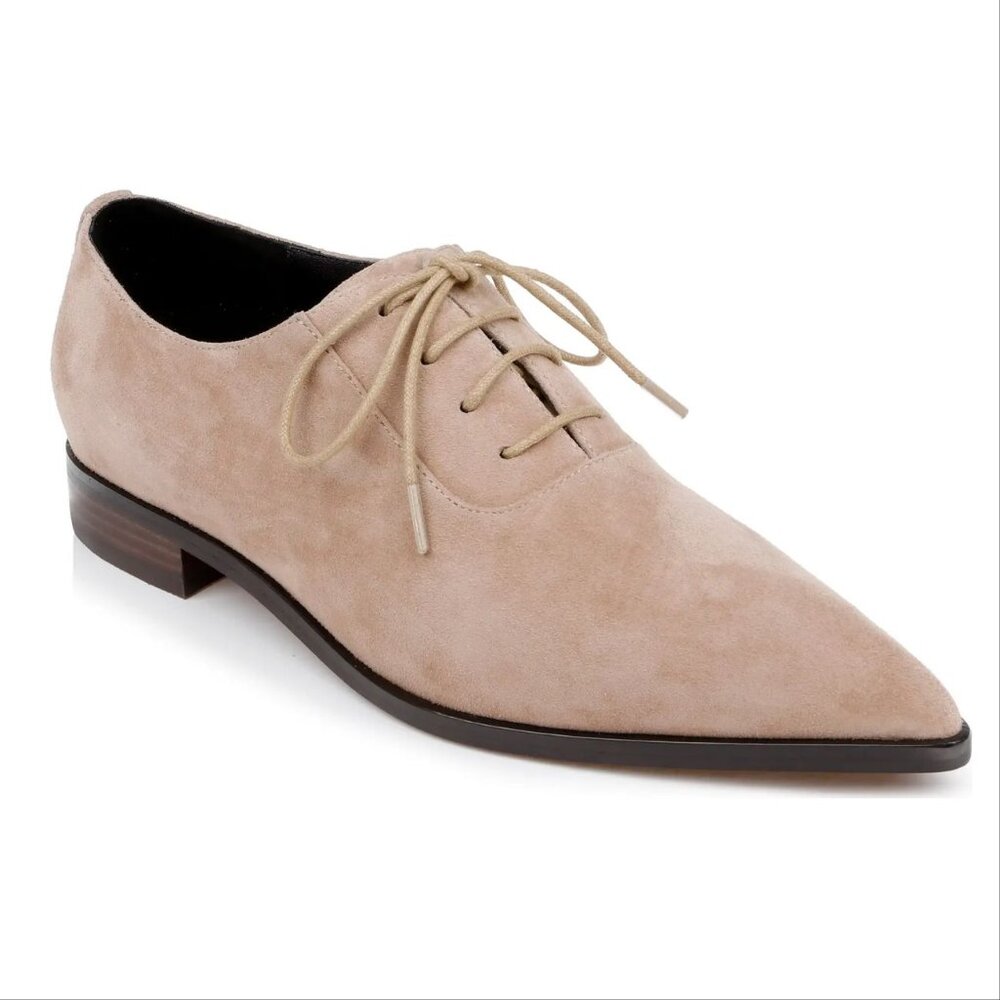 L'AGENCE Elise III Pointed Toe Oxford Flat Shoes Size 6.5 Cappuccino Suede NEW